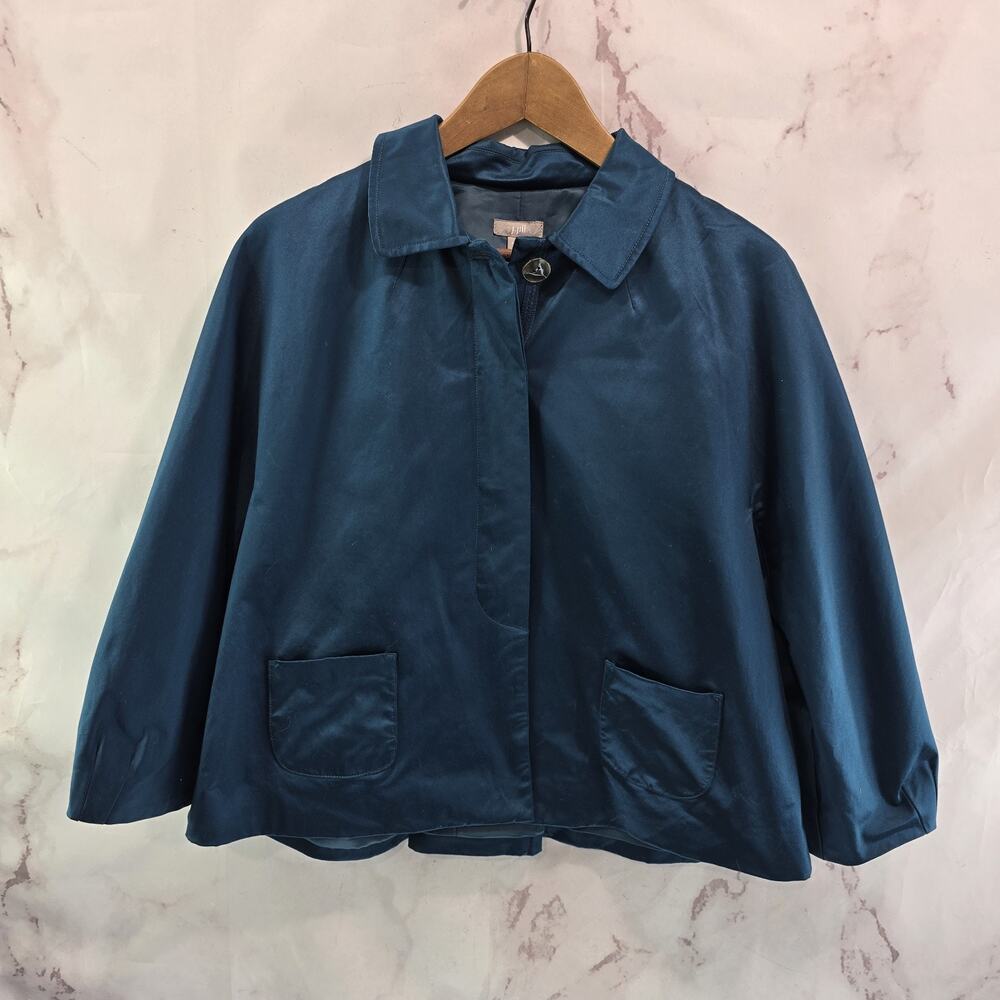 J Jill Jacket Womens Small Blue Stretch Blazer Hidden Placket Cape Satin Jewel